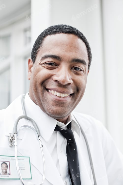 Preview: Black man doctor in lab coat with a stethoscope.