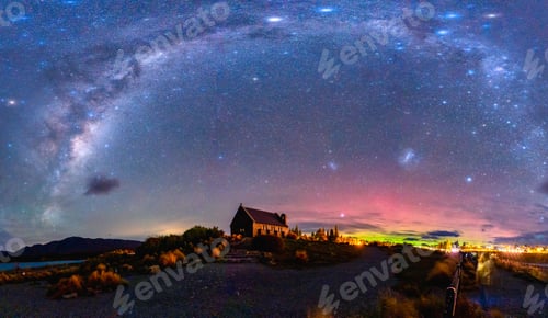 Preview: Milky Way, Nebula, Aurora Australis glowing over Church of the Good Shepherd at Lake Tekapo