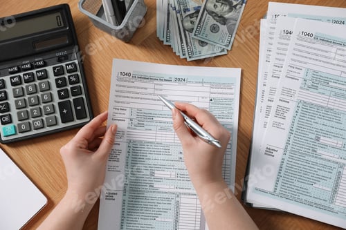 Preview: Payroll. Woman working with tax return forms at wooden table, top view