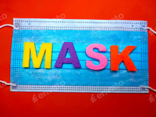 Preview: Word MASK on face mask with red background.