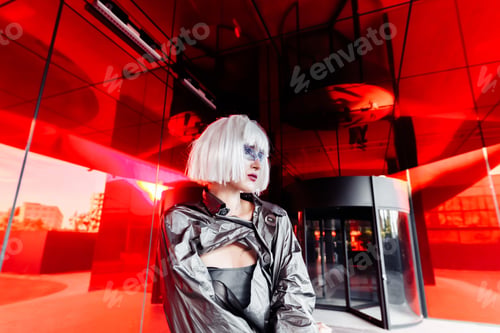 Preview: Woman in stylish glasses on a red background.