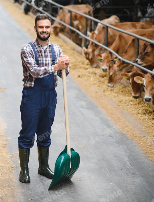 Preview: Farmer holding shovel standing proudly in cowshed with jersey cattle