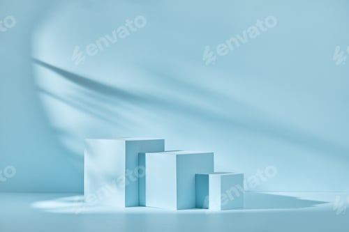 Preview: Blue background for product presentation with shadows and light. Empty podiums. Mockup.