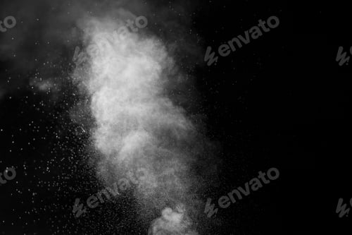 Preview: Curly white steam rising up and splashing water scattering in different directions isolated on black
