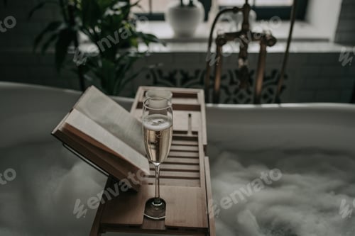 Preview: Luxury interior eco style modern bathroom with oval bathtub and champagne glass at natural lighting