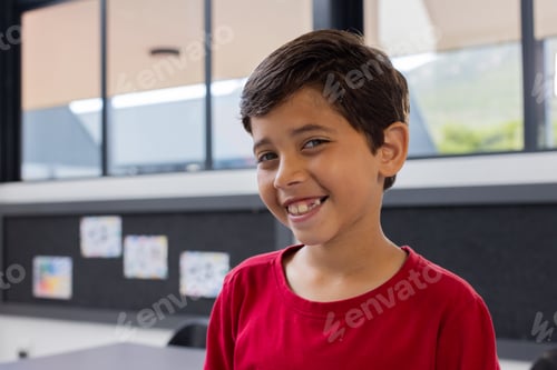 Preview: Biracial boy with a cheerful smile, wearing a red shirt, in a school classroom