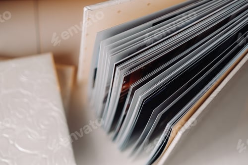Preview: Composition of photo books in genuine white leather . Fragment of a photobook binding