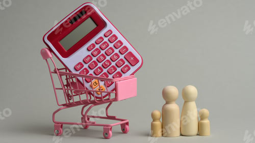 Preview: Miniature metal shopping cart with calculator and wooden family. concept of budget control
