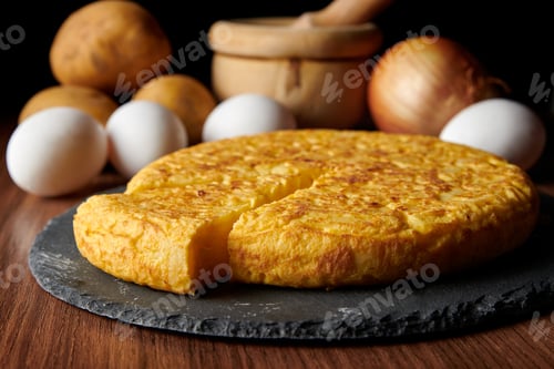 Preview: A top view shot of a fresh tasty Spanish omelette and the ingredients, a traditional dish from Spain