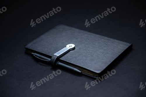 Preview: black planner or notebook with pen isolated on black background, mockup, copy space