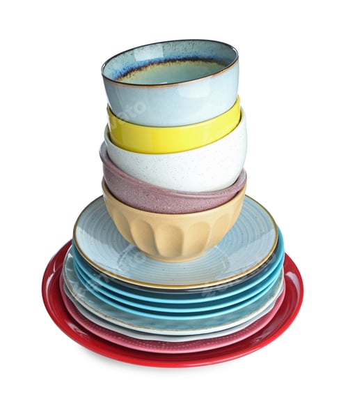 Preview: Stack of ceramic dishware isolated on white