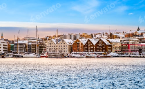Preview: Tromso harbor at sunset in winter, Norway.