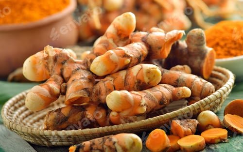 Preview: fresh turmeric roots in the basket on wooden table