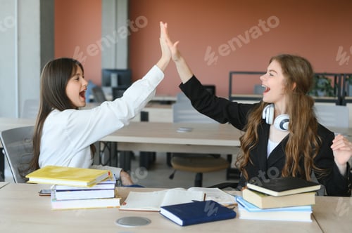 Preview: Education. Two clever modern students in black and white uniform study in a library