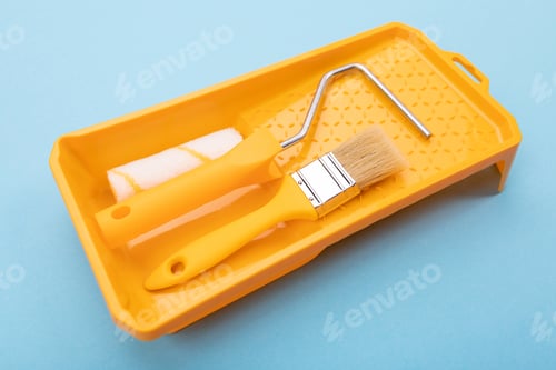 Preview: Paint Supplies in a Yellow Tray on Blue