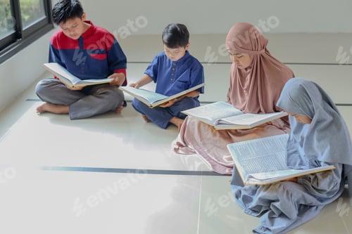 Preview: Group of muslim kids recite koran at mosque