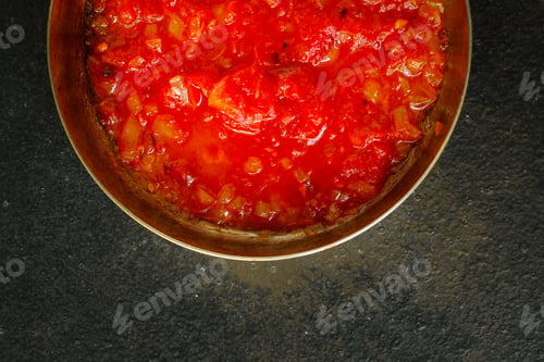 Preview: Tomato Sauce, Skinless Tomatoes - Red And Ripe Fruits Chopped, Concept. Food Background. Copy Space