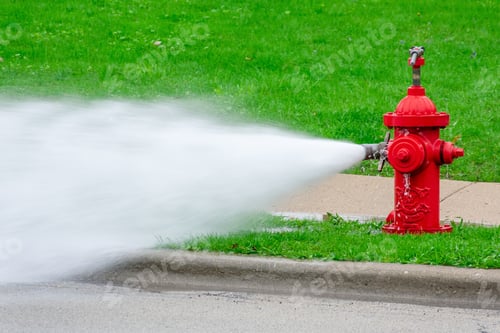 Preview: Red fire hydrant with high pressure water spray