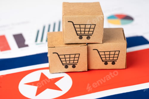 Preview: Shopping cart box on North Korea flag, online export concept.
