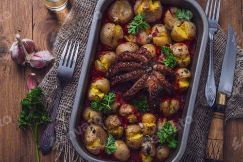 Preview: Octopus and potato in a baking tray close view