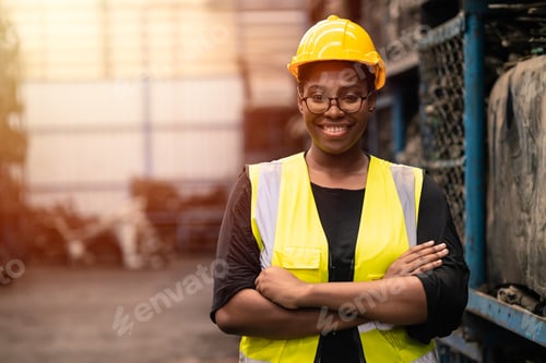 Preview: Portrait Black smart African women worker standing happy smiling in factory industry workplace