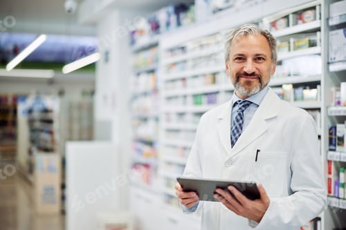Preview: Portrait of a smiling senior male pharmacist using a tablet at the workplace.