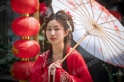 Preview: Young woman in traditional attire poses with a parasol near red lanterns in vibrant setting