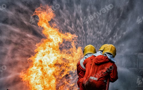 Preview: fire fighter team on training with gas and oil fire hold hose spray jet water spray to extinguish
