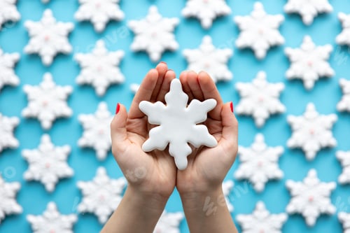 Preview: Christmas gingerbread in the shape of a snowflake in female hands.
