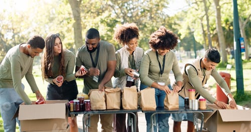 Preview: People, volunteering and help package or outdoor, kindness ngo and charity project with community i