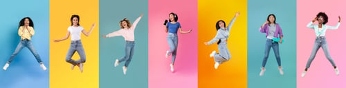 Preview: Group Of Happy Overjoyed Females Jumping In Air Over Colorful Backgrounds