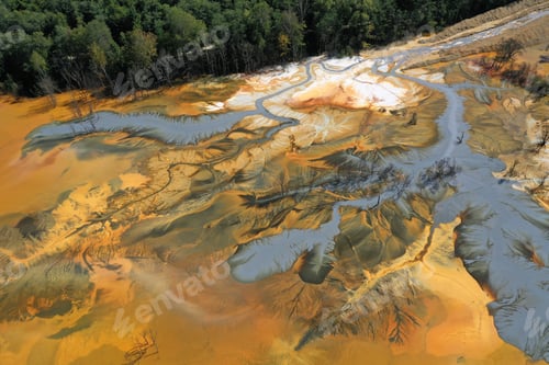 Preview: Abstract natural colorful patterns of acid mine drainage in decanting lake aerial view