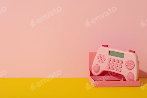 Preview: Calculator and cassette case on pink background, space for text