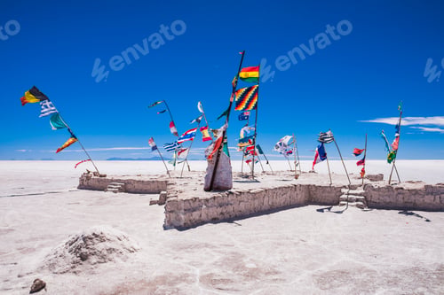 Preview: International flags at the Uyuni Salt Flats Hotel, Uyuni, Bolivia, South America