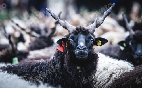 Preview: Selective focus shot of a racka sheep with twisted horns sticking out among the herd