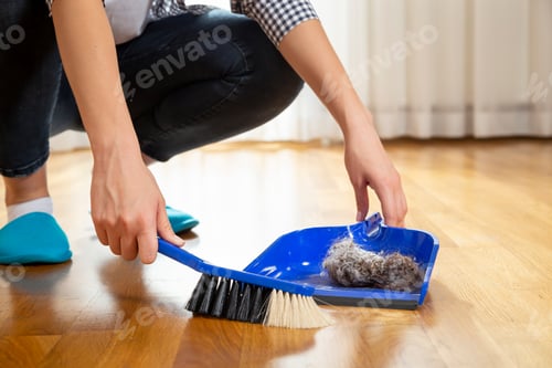 Preview: Woman sweeping floor and collecting dust onto a dustpan