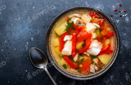 Preview: Fish soup with cod, paprika, potatoes, tomatoes and parsley in ceramic soup bowl
