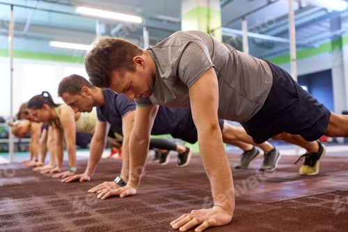 Preview: group of people doing straight arm plank in gym