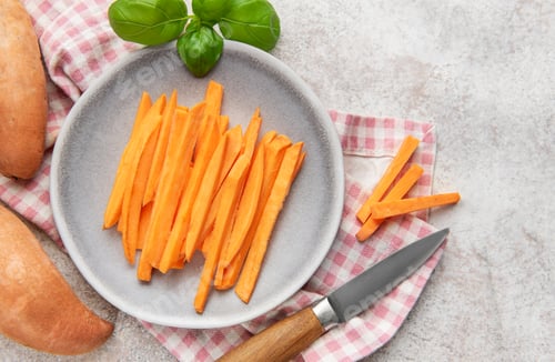 Preview: Raw sweet potato sticks on plate with basil