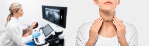 Preview: Woman palpation her neck, examine thyroid gland. Enlarged thyroid gland, close up. Medical