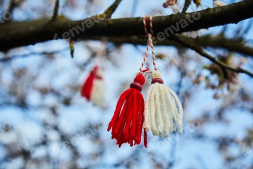 Preview: Bulgarian traditional spring decor martenitsa on the blossom tree. Baba Marta holiday.