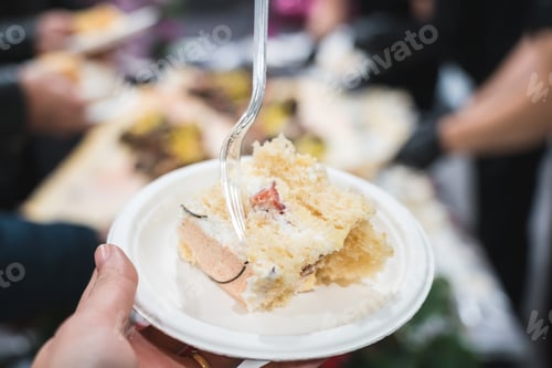 Preview: Unrecognizable woman's hand is holding a plate with a piece of cake on it