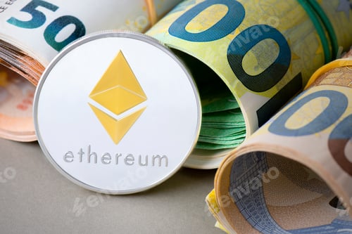 Preview: Cryptocurrency silver Ethereum ETH coin with golden symbol on the background of rolled euro bills.