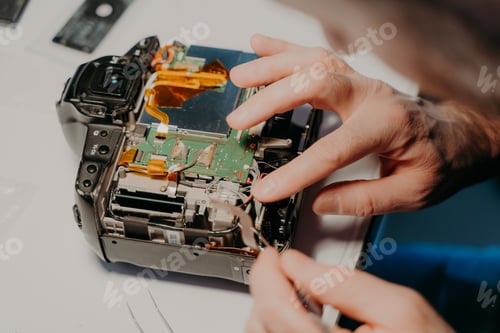 Preview: Technician engineer repairs broken photo camera with special tool