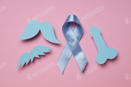 Preview: Blue ribbon with paper male genitals and mustache, Movember concept