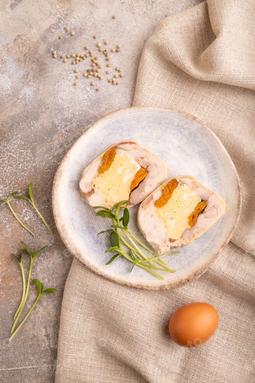 Preview: Chicken, egg and dried apricot meatloaf on brown concrete. Diet, healthy eating. top view, close up