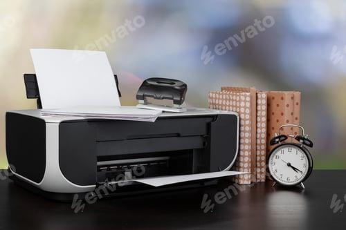 Preview: Compact home printer on desk with books against blurred background