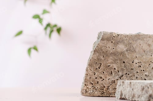 Preview: Broken piece concrete with blurry green branch. Empty podium for the presentation products.