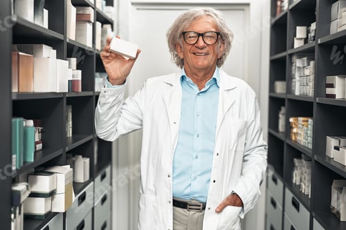 Preview: Senior male pharmacist holding medicine box in pharmacy storage