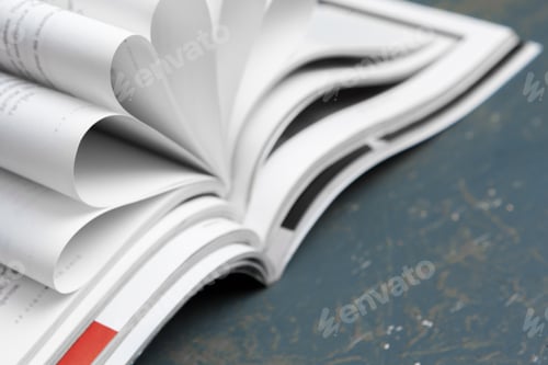 Preview: Close up stacking magazine place on table background